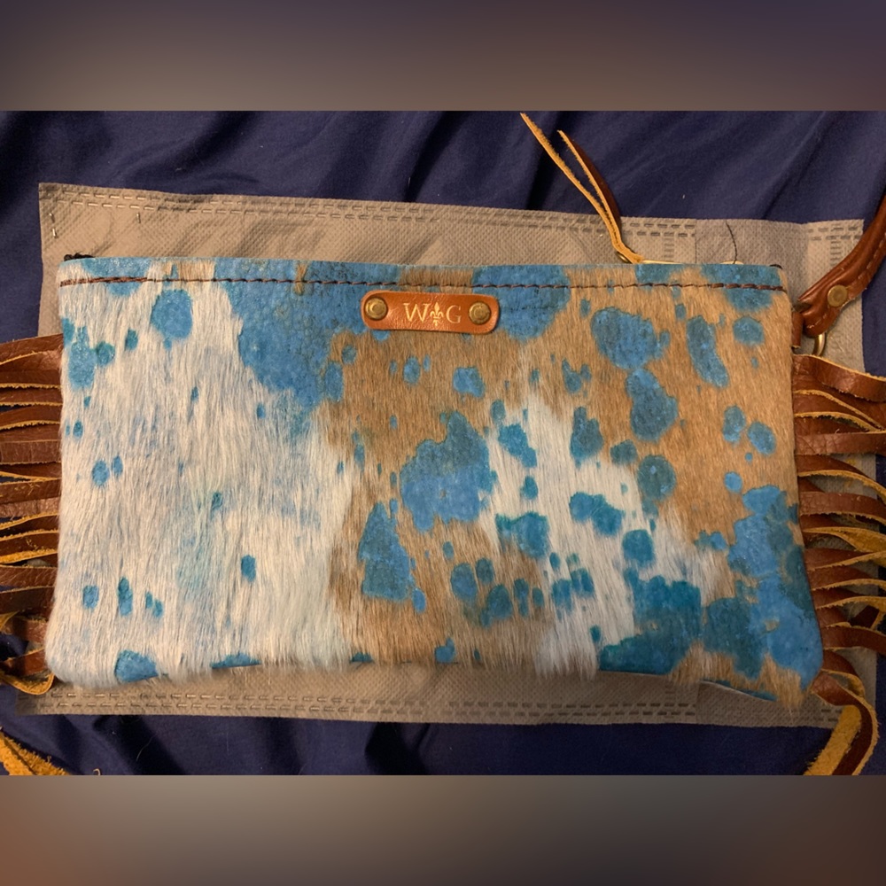 Wild Goose Cowhide Blue Acid Wash Leather Wristlet with Fringe